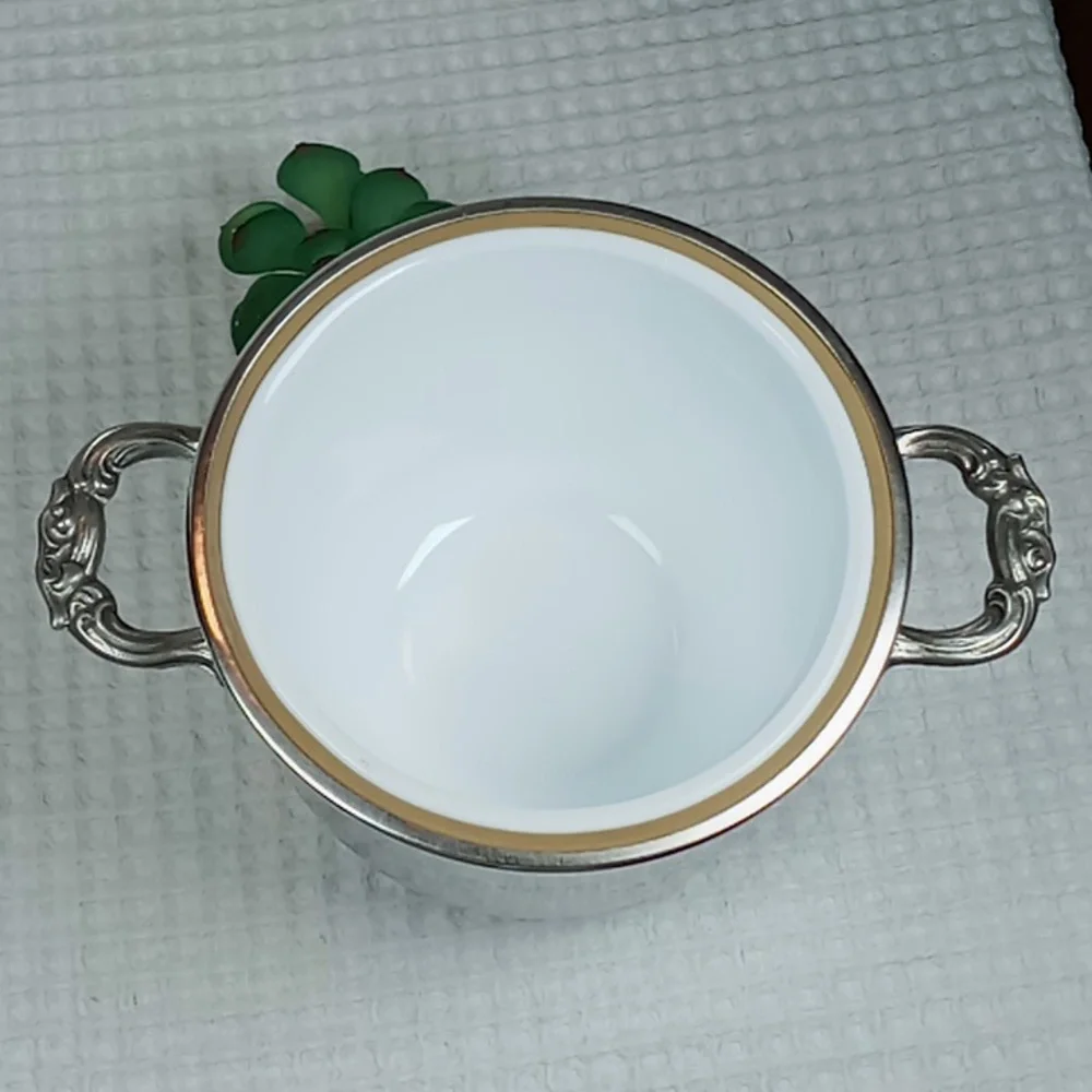 Vintage English Silver Leonard Silver Co Engraved Ice Bucket w/Milk Glass Liner